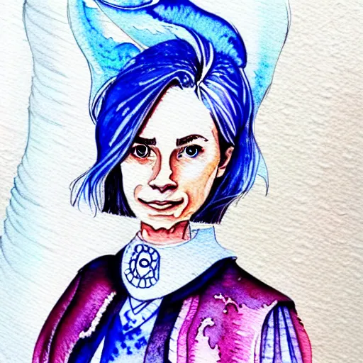 Prompt: a beautiful and very detailed character concept watercolour portrait of sanna!!!!! marin!!!!!, the young female prime minister of finland as a druidic wizard