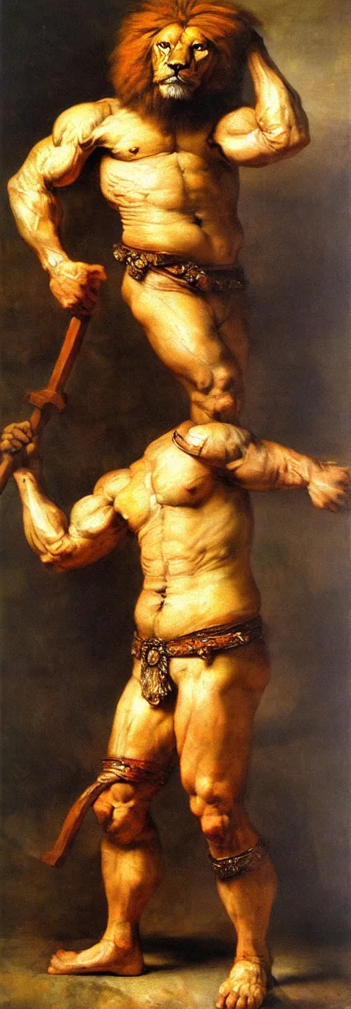 Prompt: muscular lion as barbarian ful body ,human legs ,very textured detailed oil painting by rembrandt