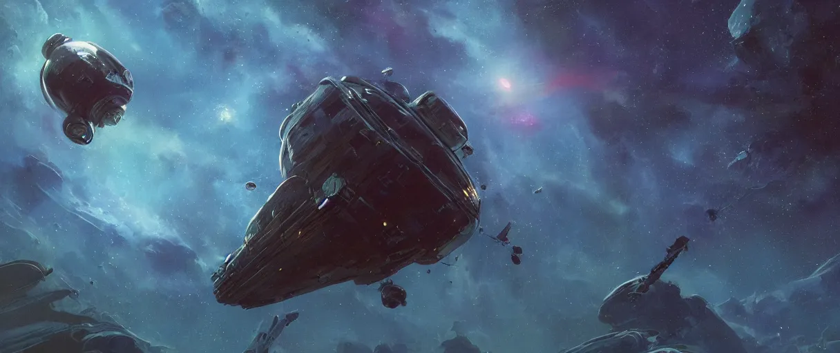 Image similar to concept art, exploration spaceship drifting in space, the expanse tv series, industrial design, immensity, alone in a nebula, space debris, cinematic lighting, low contrast, low saturation, 4k, anthem game inspiration, widescreen ratio, wide angle, beksinski, simon stalenhag