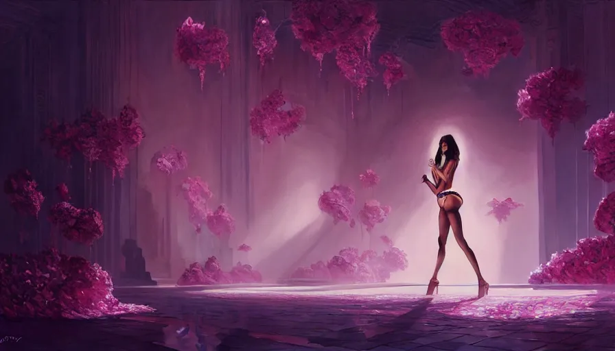 Image similar to victoria secret runway show, light, shadows, reflections, flowers, epic composition, intricate, elegant, volumetric lighting, digital painting, highly detailed, artstation, sharp focus, illustration, concept art, ruan jia, steve mccurry, artgerm, greg rutkowski, mina petrovic, timothy kong, marina federovna, masterpiece, iconic