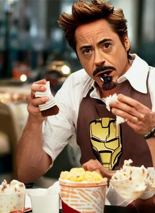 Image similar to a full portrait photo of robert downey jr eating ice cream in movie iron man, f / 2 2, 3 5 mm, 2 7 0 0 k, lighting, perfect faces, award winning photography.