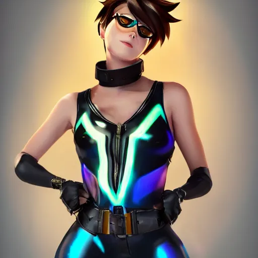 Prompt: full body digital artwork of tracer overwatch, wearing black iridescent rainbow latex tank top, 4 k, expressive happy smug expression, makeup, in style of mark arian, wearing detailed black leather collar, chains, black leather harness, detailed face and eyes,