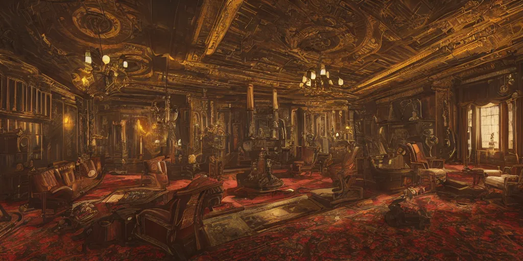 Prompt: steampunk mansion hall interior, colorful, contrast, depth of field, 3 d scene, render, greg rutkowski, zabrocki, karlkka, jayison devadas, trending on artstation, 8 k, ultra wide angle, zenith view, pincushion lens effect