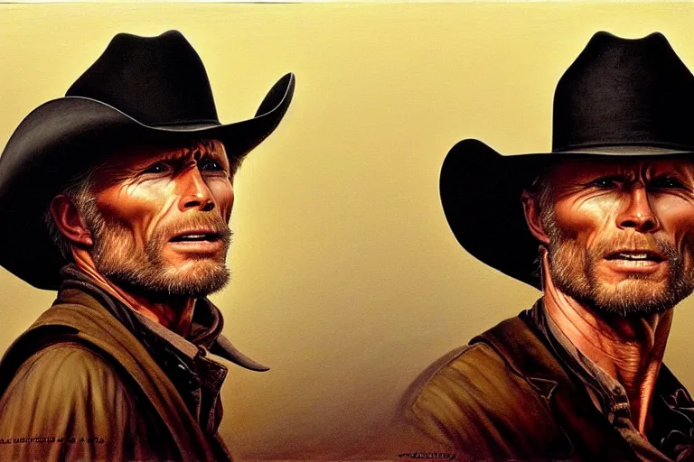 Prompt: poster portrait of ed harris as a black hat cowboy in silverado ( 1 9 8 5 ). oil painting elegant, highly detailed, centered, digital painting, artstation, concept art, smooth, sharp focus, illustration, artgerm, tomasz alen kopera, peter mohrbacher, donato giancola, joseph christian leyendecker drew struzan