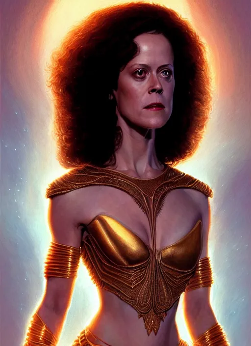 Image similar to portrait of young sigourney weaver as dejah thoris, intricate, elegant, glowing lights, highly detailed, digital painting, artstation, glamor pose, concept art, smooth, sharp focus, illustration, art by artgerm and greg rutkowski, artey freytag