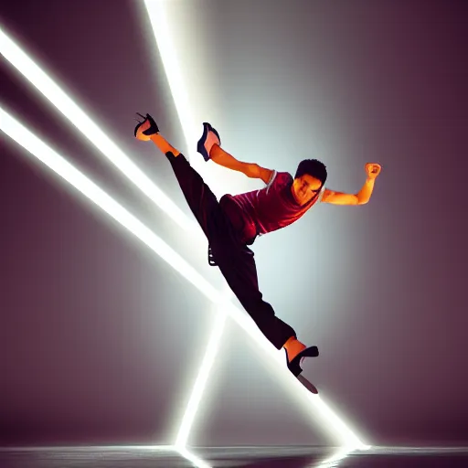 Image similar to break dancer in a shape of light , long exposure shot, cinematic view from lower angle, octane render, soft and detailed