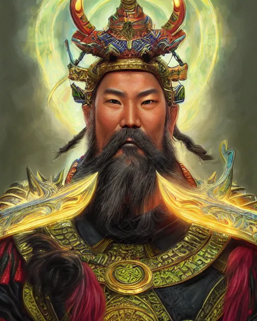 Image similar to guan yu as a superhero portrait | highly detailed | very intricate | symmetrical | whimsical and magical | soft cinematic lighting | award - winning | closeup portrait | doll | painted by donato giancola and mandy jurgens and ross tran | pastel color palette | featured on artstation