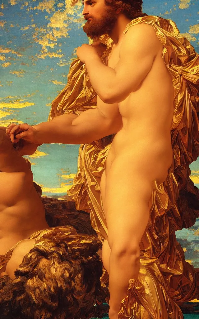 Prompt: a beautifully high detail, intricate, clear detailed portrait of a close up of zeus with an ornate golden teal curtain at beautiful sunset daytime nature sunlit nebula background painting by frederic leighton and rosetti, 8 k