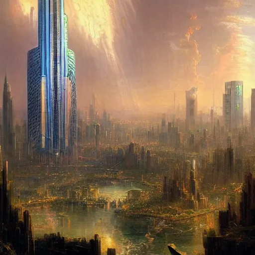 Prompt: a beautiful landscape portrait of a cyberpunk futuristic city of skyscrapers and arcologies by Thomas Cole