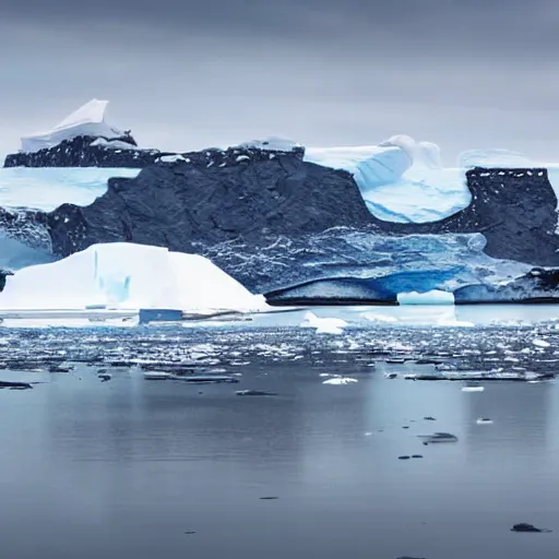 Image similar to antarctic landscape filled with brutalist architecture, sprawling, castles, urban decay, bustling