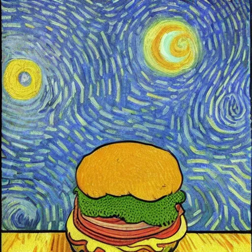 Prompt: portrait of stephen hawking with a giant hamburger. painting by vincent van gogh, oil on canvas
