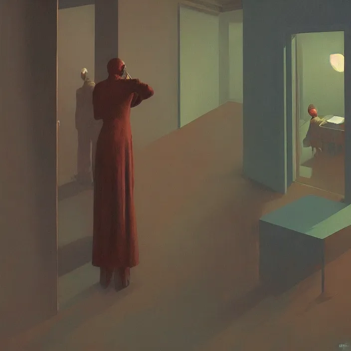 Prompt: inside the room of fears, science fiction, Edward Hopper and James Gilleard, Zdzislaw Beksinski, highly detailed
