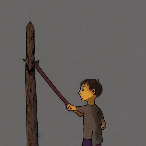 Prompt: A small kid standing on a stone and waving a wooden sword, digital art, illustration