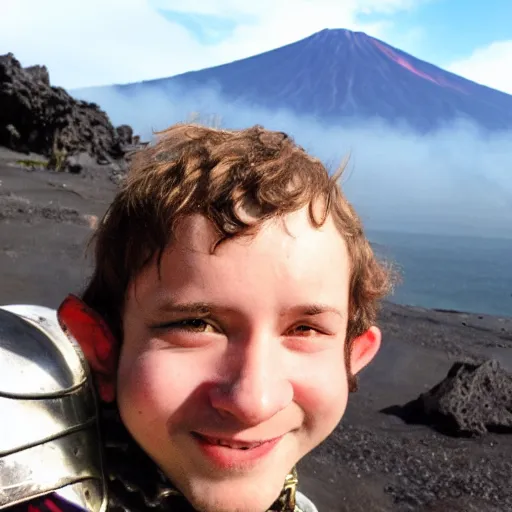 Prompt: Selfie photo of a halfling bard with volcano behind him