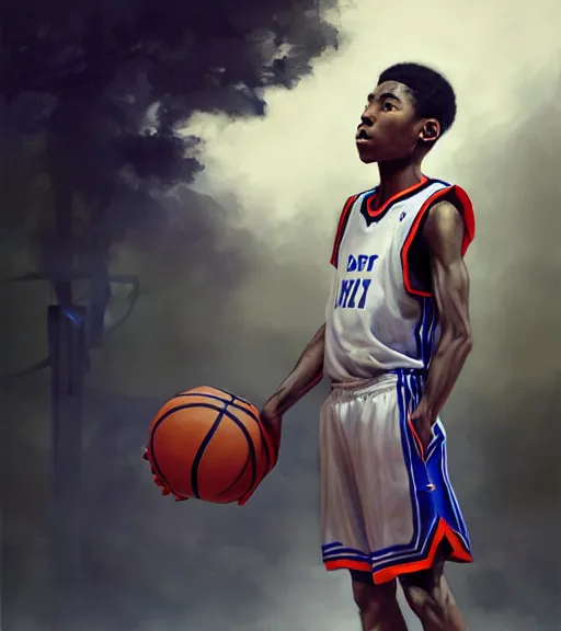 Image similar to "portrait of a boy at a basketball court playing basketball wearing a basketball uniform in a basketball court standing near the basketball hoop