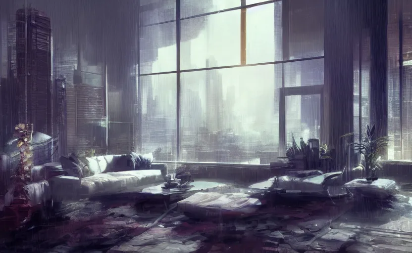 Image similar to a stylish luxury high tech apartment interior, painting by Craig Mullins, plants, octane rendering, warm moody lighting, wide angle lens, low view, in the style of blade runner, trending on artstation, 8k,