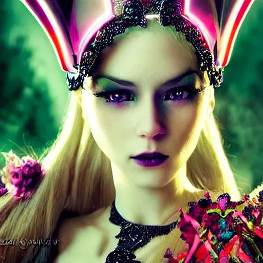 Image similar to A still of an ethereal, mysterious stunning maximalist mesmerizing elven girl with elf ears from the rainbow sky paradise in Tron: Legacy (2010), high-tech, professional high fashion model photo shoot for Victorian gothic lolita fashion, hyperdetailed by Mark Ryden and artgerm and Hiroyuki-Mitsume Takahashi, close-up 35mm macro shot, hyperrealism, 8k resolution 3D, cinematic, dynamic lighting, octane render, unreal engine 5