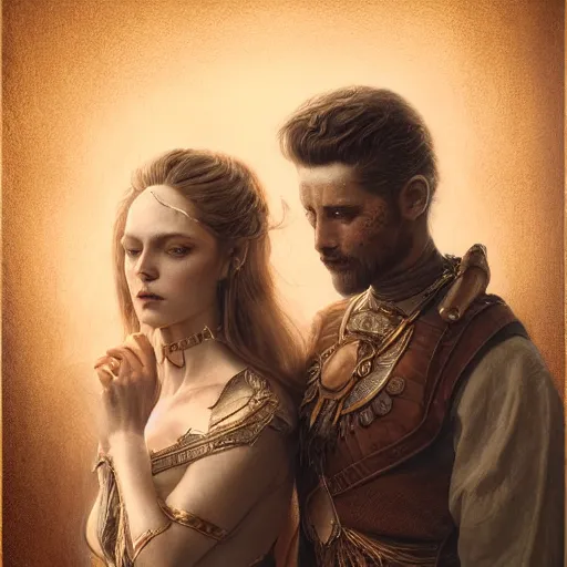 Image similar to a beautiful ultradetailed fine art old vintage warrior, by tom bagshaw and zach sutton, couples portrait, vignette, 3 5 mm lens, golden ratio composition, studio photography, very detailed, humanoids, artstation, 8 k, highly coherent