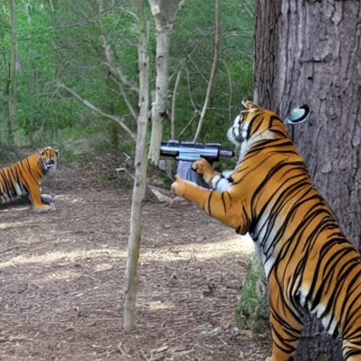 Image similar to tiger and his ar - 1 5 shooting trees, high definition, amazing, toilet babies watching