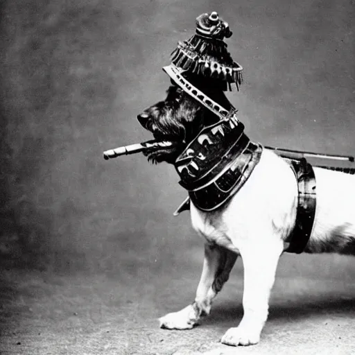 Image similar to “dog in full samurai armour, 1900’s photo”