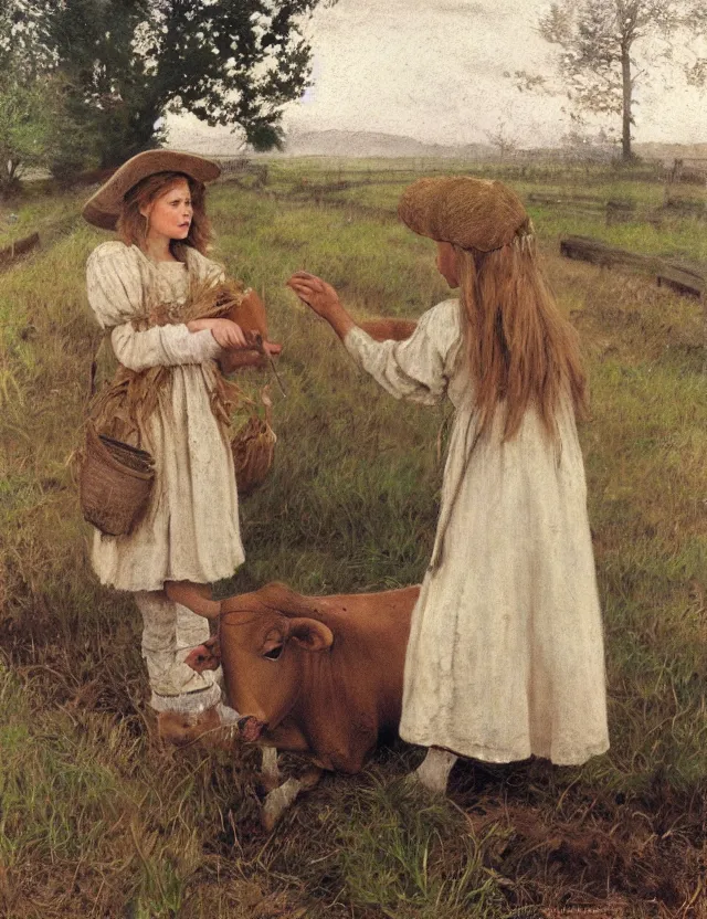 Prompt: portrait of peasant girl petting a cow on a farm, cottage core, cinematic focus, polaroid photo bleached vintage pastel colors high - key lighting, soft lights, foggy, by steve hanks, by lisa yuskavage, by serov valentin, by tarkovsky, 8 k render, detailed, oil on canvas