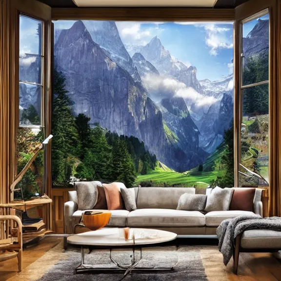 Prompt: fantastical living room with switzerland landscape in the window by marc adamus, beautiful dramatic lighting, high definition