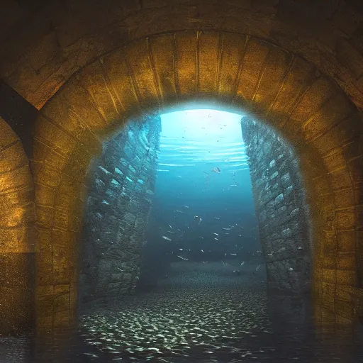 Image similar to underwater edinburgh castle, deep underwater, fish shoal, concept art in style of Greg Rutkowki, dynamic lighting, 8k, very very very highly detailed, hyper realistic realistic, shot on gopro 8