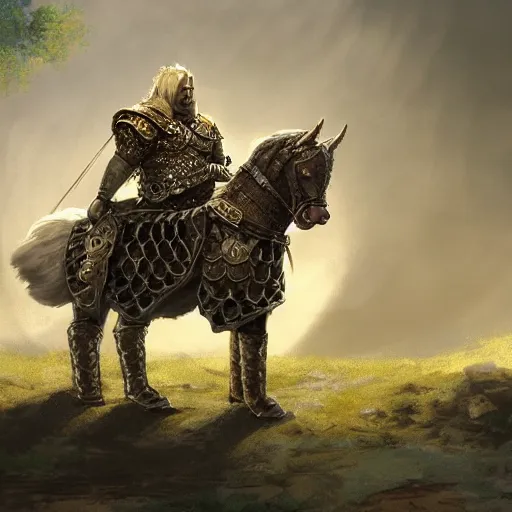 Image similar to fat dog in chainmail armour riding a horse, dnd concept art 4 k