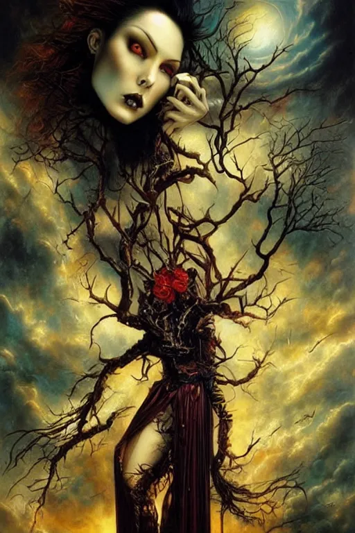Prompt: the sky is dark as the depth of your heart. no sounds are heard as your world falls apart. by ayami kojima, karol bak, greg hildebrandt, and mark brooks, hauntingly surreal, gothic, rich deep colors.