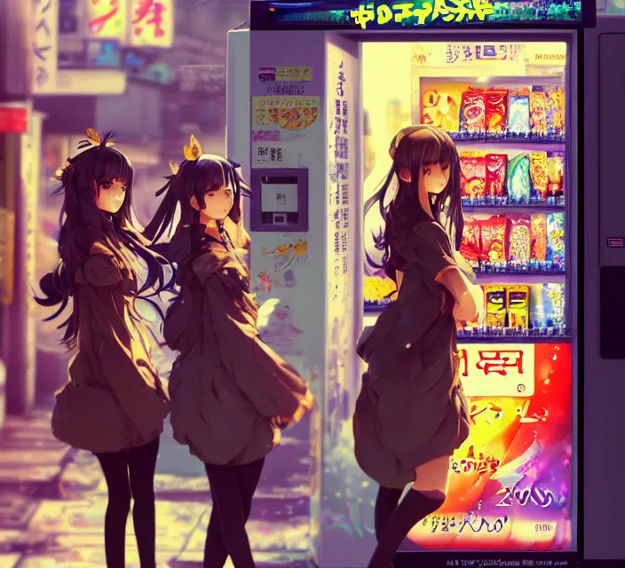 Image similar to Two beautiful anime girls, standing in front of a vending machine outside of a Japanese convenience store, in narrow Tokyo alleyway, gorgeous sunlight and shadows, D&D, fantasy, highly detailed, digital painting, artstation, concept art, sharp focus, illustration, in style of GUWEIZ and WLOP and NIXEU and Craig Mullins, Production I.G.