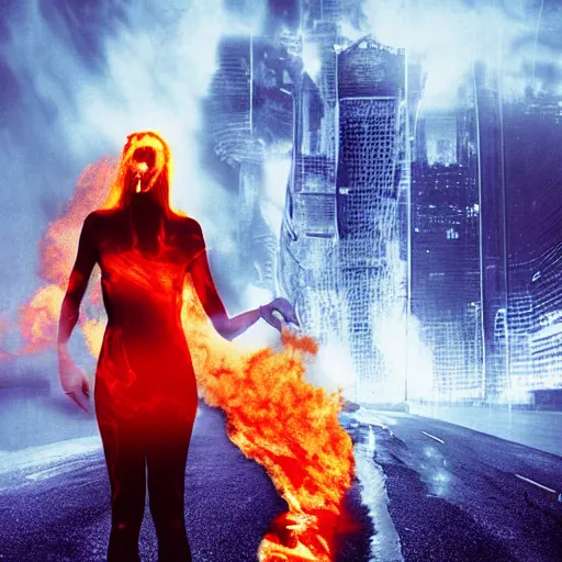 Prompt: a woman on fire, city on fire, giant, photoshop, sci - fi, creative and cool, photo manipulation