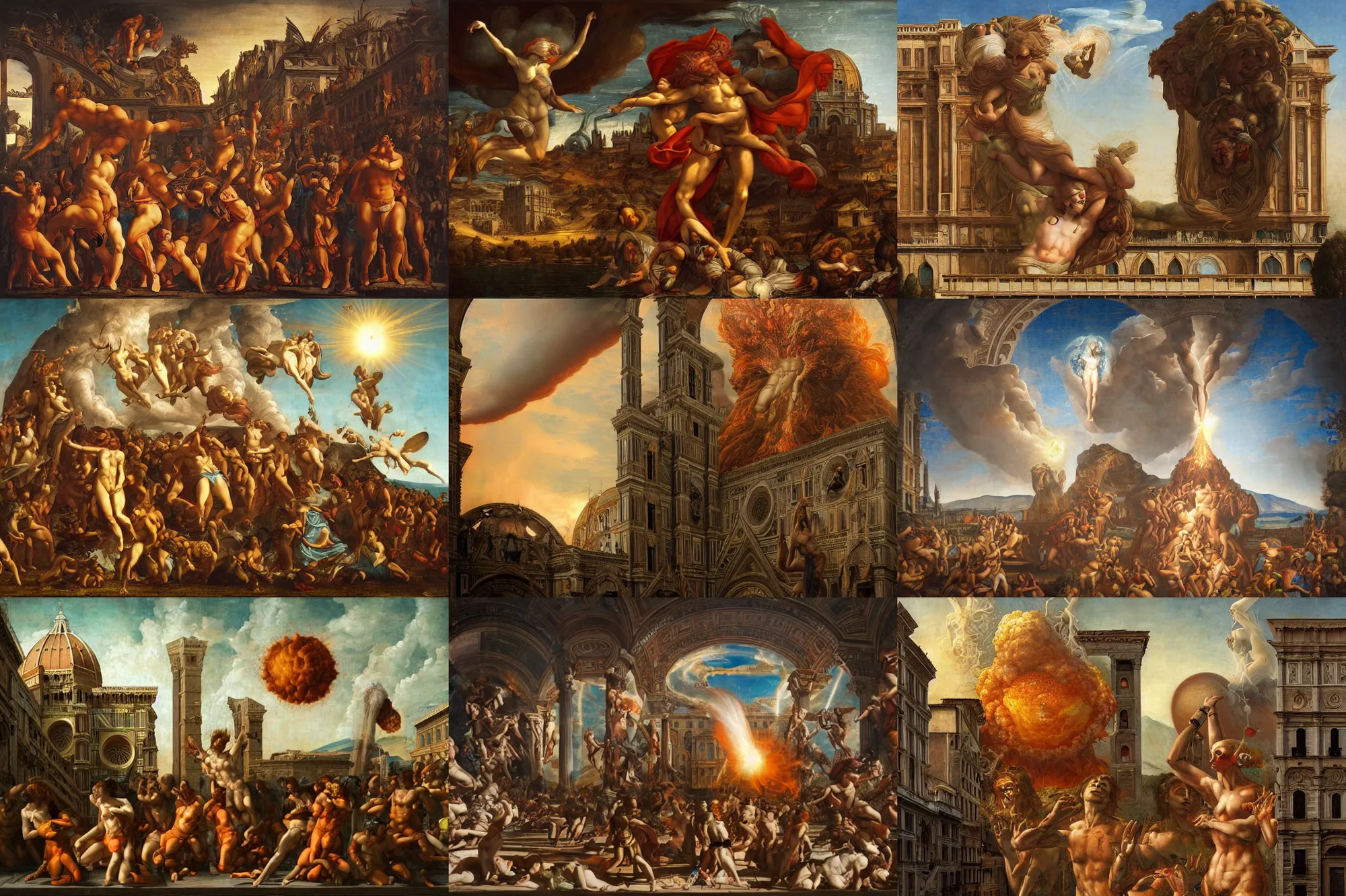 Prompt: an epic destructive nuclear explosion at renaissance florence italy during daylight in the style of michaelangelo, dino valls, peter mohrbacher, horror element, nightmare