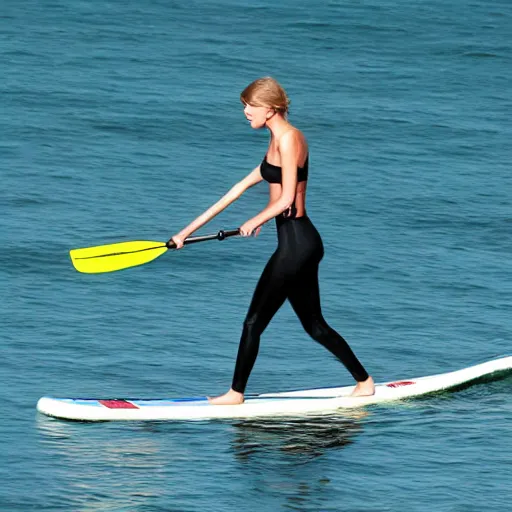 Prompt: taylor swift doing paddle surf in albacete realistic photograph