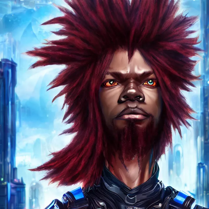 Prompt: portrait of male anthropomorphic black anime wolf, long red hair, blue eyes, in a futuristic city, hyper detailed, digital art, trending on artstation, cinematic lighting, studio quality, smooth render, unreal engine 5 rendered, octane rendered, 1 : 1 aspect ratio