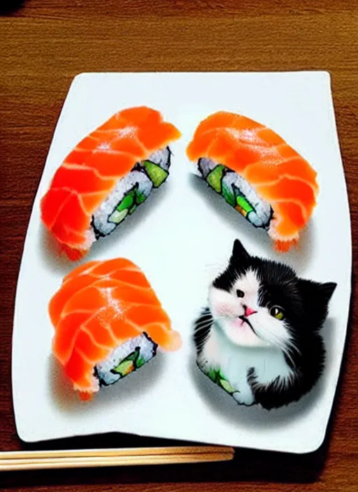 Image similar to clear photorealistic picture of adorable cats made out of sushi