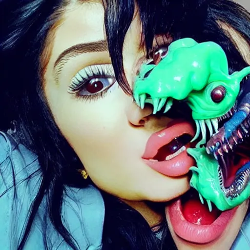 Image similar to kylie jenner held menacingly by an xenomorph, highly detailed, photorealistic, hyper realistic, slime, saliva, smooth