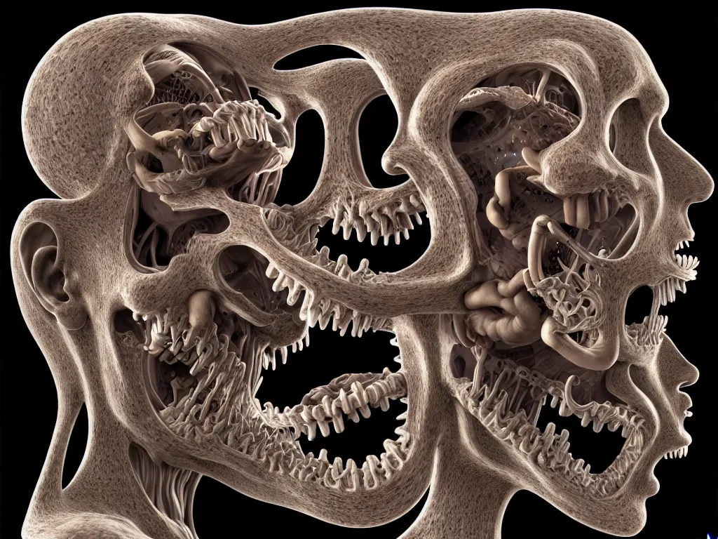 Image similar to human eating yourself ], neo surrealism, art by ernst haeckel and daniel martin diaz and mc escher, 8 k, unreal engine render