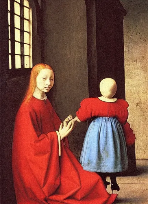 Prompt: red shoes, medieval painting by jan van eyck, johannes vermeer