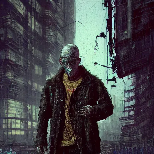 Image similar to cyberpunk, closeup portrait of a shaggy old cyberpunk fence, crooked teeth, bald, tired eyes, tattered tweed jacket, dramatic light, city background, sunset, dystopian setting, high contrast, sharp, neuromancer, the finn, painted by stanley lau, painted by greg rutkowski, painted by stanley artgerm, digital art, trending on artstation