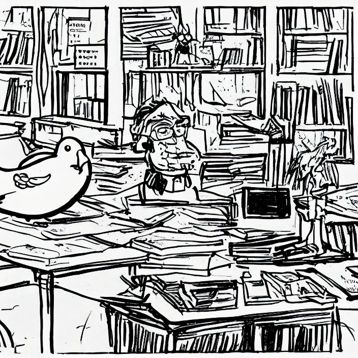 Image similar to a still frame from comic strip a pigeon sitting on the desk 1 9 9 0, new yorker illustration, monochrome contrast bw, lineart, manga