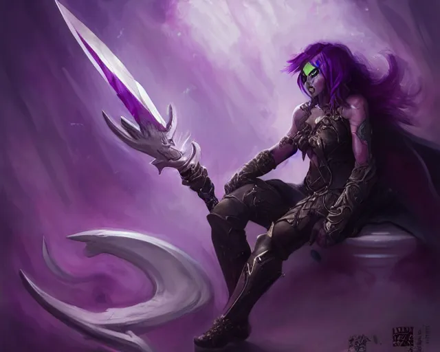 Prompt: purple hair demon hunter sharpening glaive sitting down, artstation; by astri lohne, kanliu666, chengwei pan, mingchen Shen, feng wei, crow god