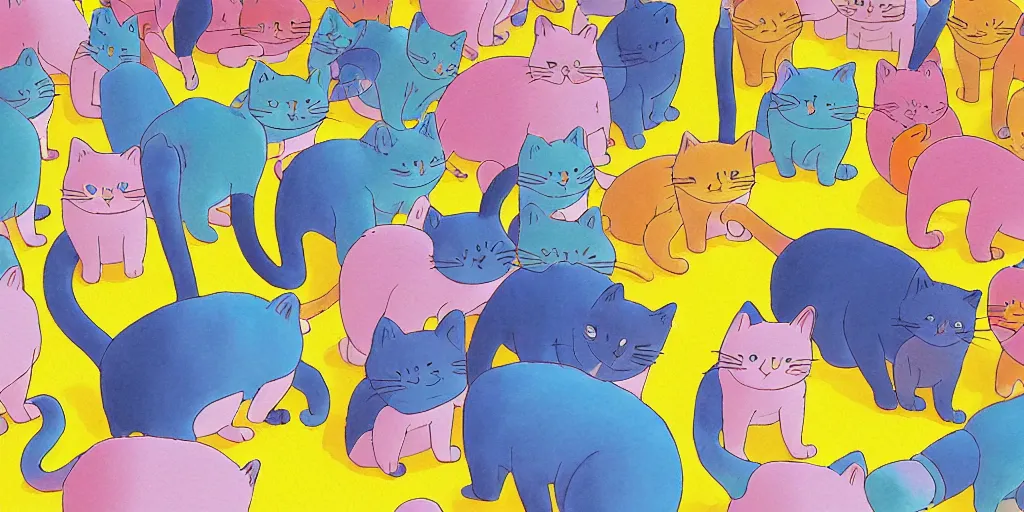 Image similar to a cat speaking to a crowd of cats, by studio ghibli, by lisa frank 8 k pastel colours, isometric, six point perspective, drone shot, smeared watercolours, golden light, film grain