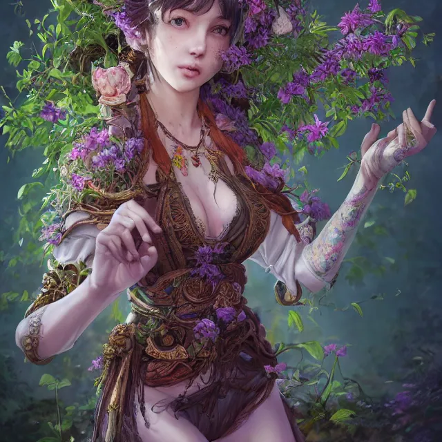 Image similar to the portrait of chaotic good female druid botanist as absurdly beautiful, gorgeous, elegant, young gravure idol, an ultrafine hyperdetailed illustration by kim jung gi, irakli nadar, intricate linework, sharp focus, bright colors, octopath traveler, final fantasy, unreal engine 5 highly rendered, global illumination, radiant light, detailed and intricate environment