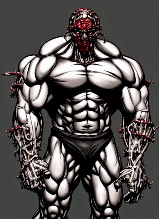 Image similar to Full body portrait of an extremely muscular, very buff, huge mutant man with a creepy cybernetic mask. He Is wearing only a loincloth. In style of Yoji Shinkawa and Hyung-tae Kim, trending on ArtStation, dark fantasy, great composition, concept art, highly detailed. Colourful.