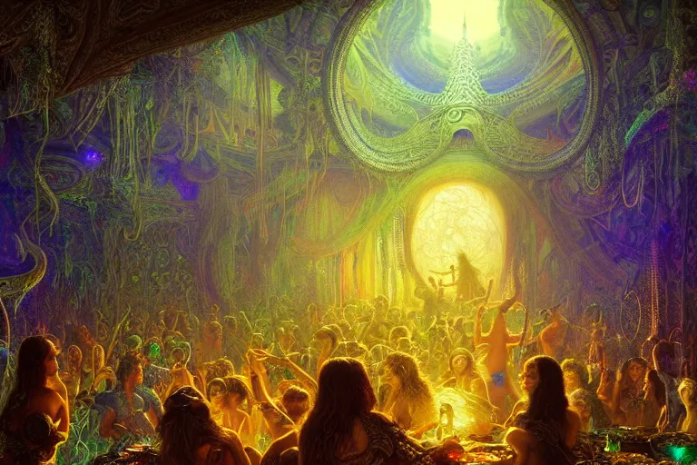 Image similar to a beautiful and highly detailed digital painting of a a psytrance party in another dimension, psychedelic, celtic, intricate details, epic scale, insanely complex, 8 k, sharp focus, photorealism, artstation, cgsociety, by caspar friedrich, albert bierstadt, james gurney, brian froud,