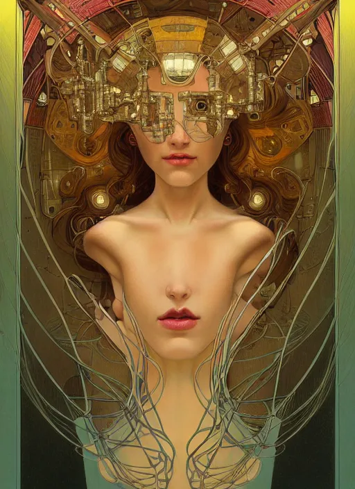 Prompt: portrait of a beautiful female android, coy, circuitry visible in head, in the style of ex machina, karol bak, alphonse mucha, artstation,