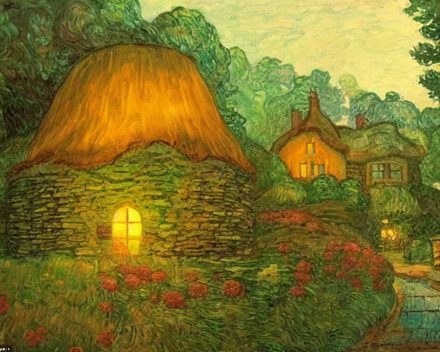 Image similar to mysterious detailed painting of a cozy english cottage in the woods at night, surrounded by giant glowing mushrooms, in the style of studio ghibli and moebius and claude monet and edward hopper and vincent van gogh