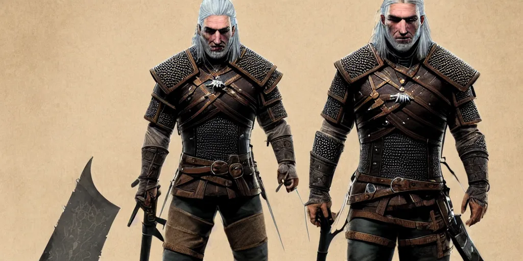 Prompt: geralt from syria new costume concept design with metal sholders and ornaments on the armor, witcher wild hunt, layered armor, fashion, colors with gold and dark blue, concept art, by artgerm, greg rutkowski, cinematic light, featured on artstation, octane render, sharp focus, ray tracing, artstationhq, cgsociety, 8 k.