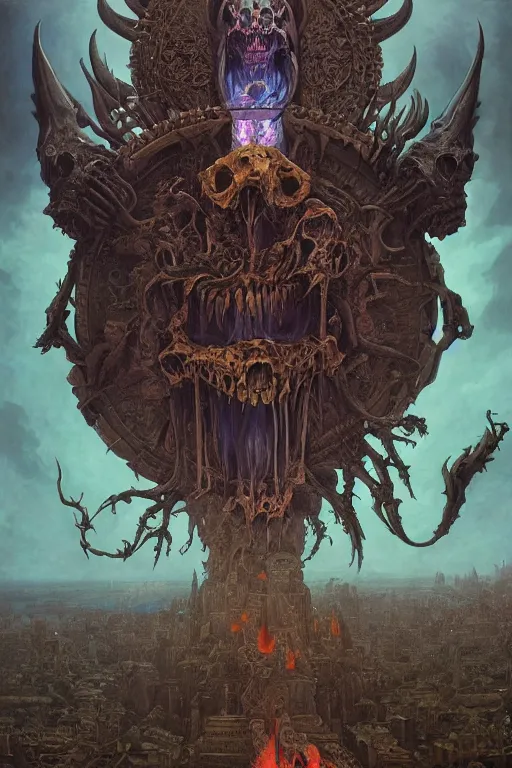 Prompt: gigantic demonic skull lord of death, fantasy painting, ultra realistic, wide angle, art nouveau, intricate details, rainbowshift, vivid colors, highly detailed by peter mohrbacher, h. r. giger, maxfield parrish, gaston bussiere, gustave dore, beksinski, craig mullins, octane render, cgi