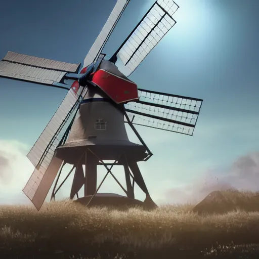 Image similar to gundam as dutch windmill in gundam anime, gundam is windmill shaped, dutch windmill gundam, in gears of war, splash art, movie still, cinematic lighting, ray tracing, octane render, long lens, shallow depth of field, bokeh, anamorphic lens flare, 8 k, hyper detailed, 3 5 mm film grain